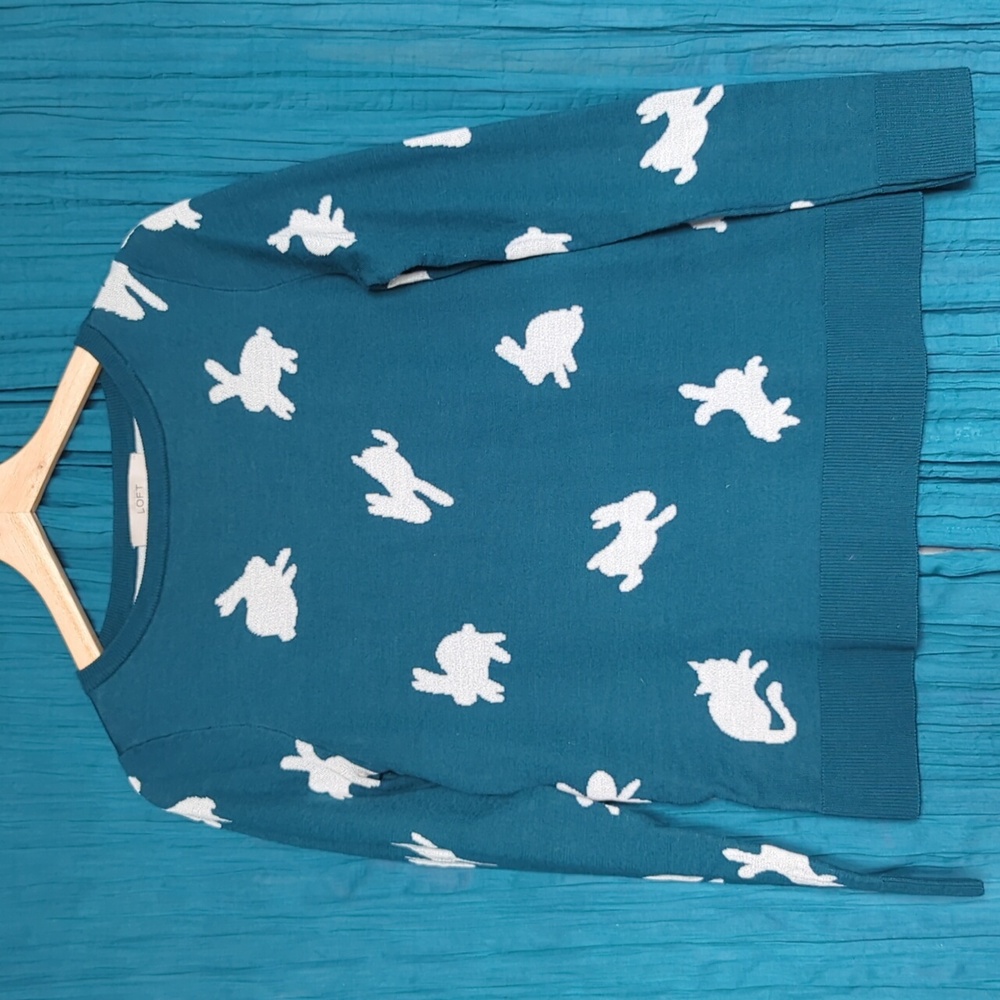 Ann Taylor LOFT Teal Knitted Bunny Crewneck Sweater size S